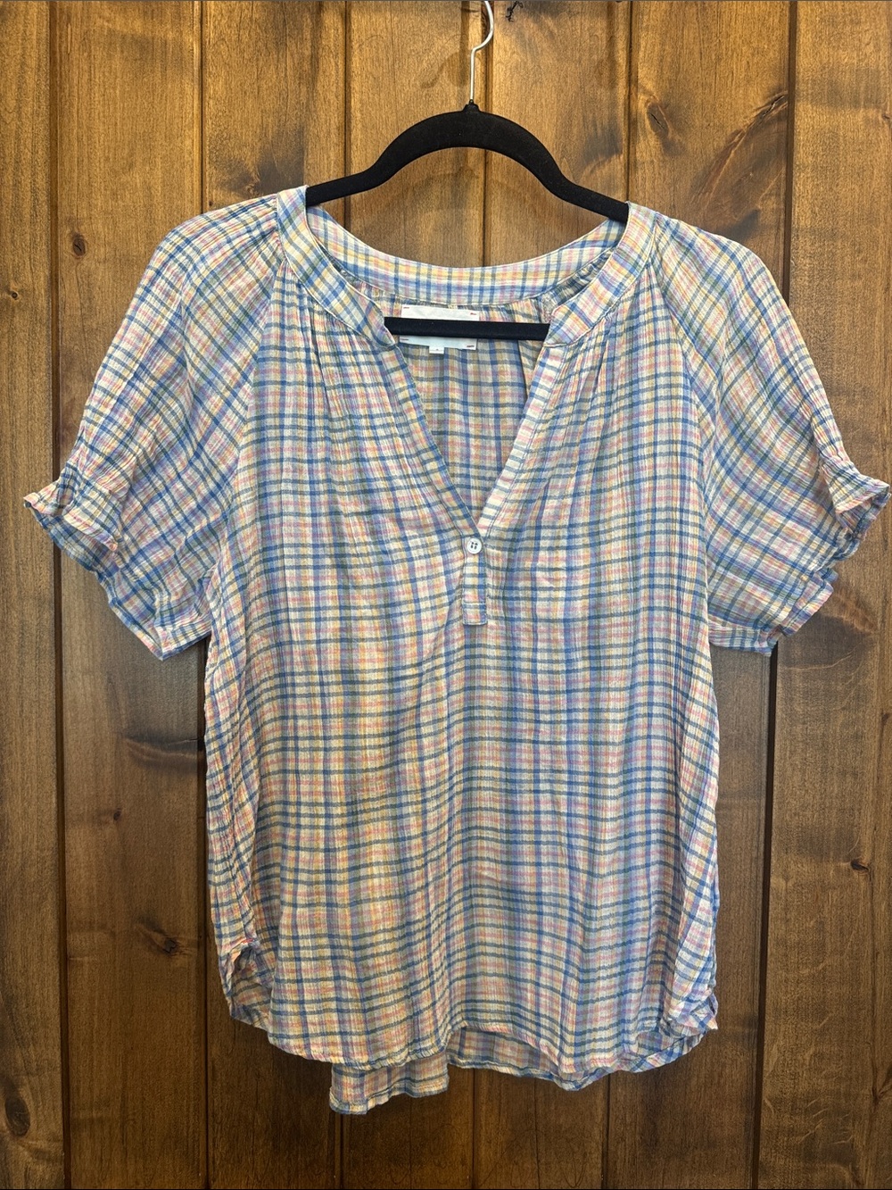 Xirena Women's Pastel Plaid Short Sleeve Henley Top